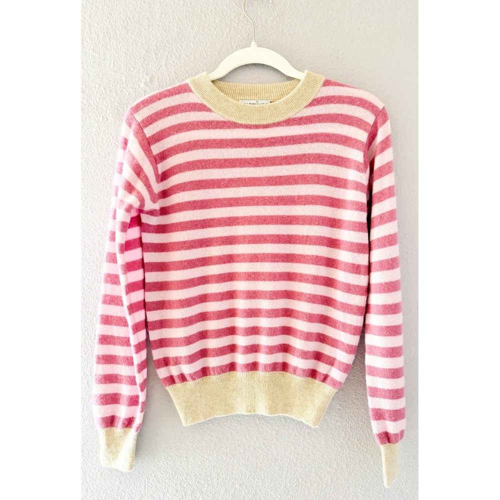 100% Cashmere Striped Crewneck Sweater Pink Tan Italy‎ Luxury Womens Size M